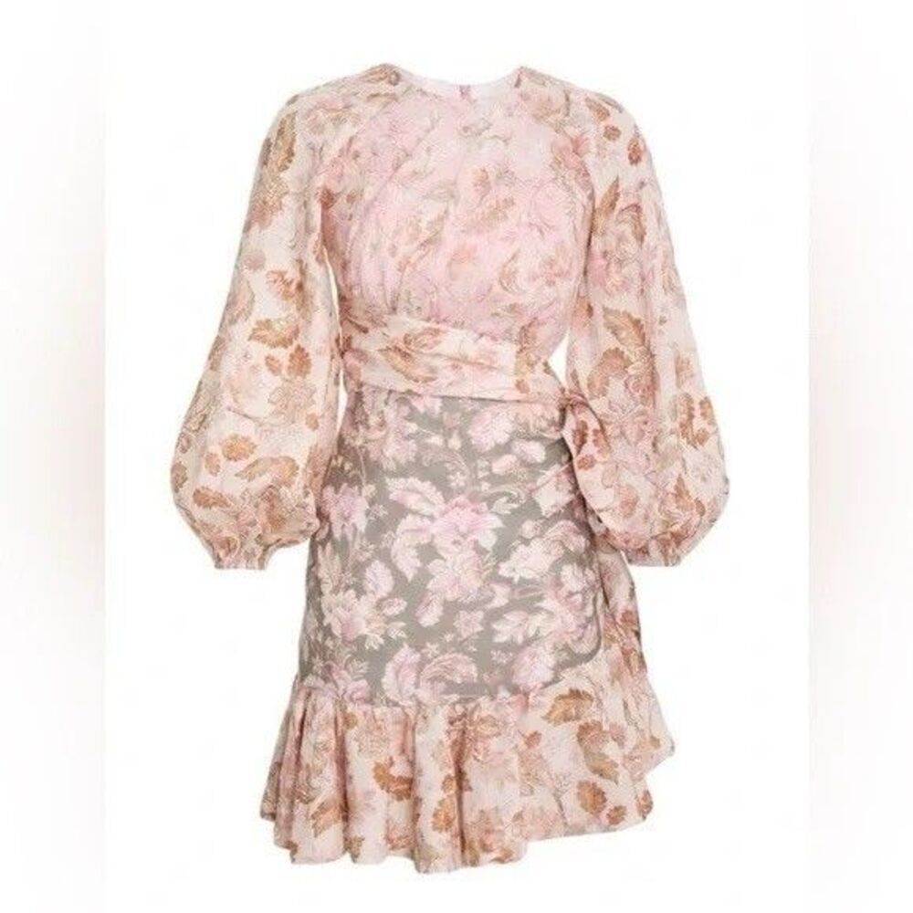Zimmermann Lyre Wrap Billow Mini Dress Women’s Size 4 US 12 Light Pink Linen - Picture 8 of 16